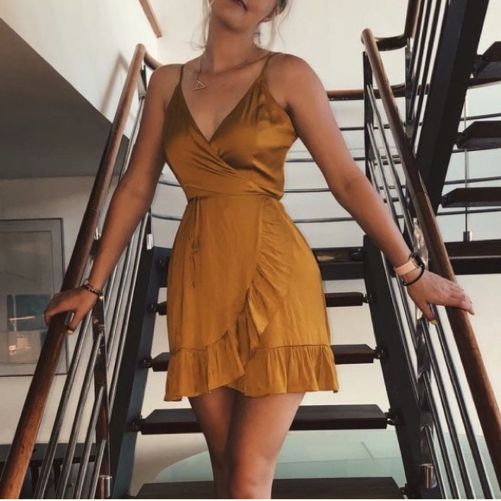 free people golden brown mini wrap Dress BNWT large